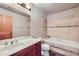 Clean bathroom with a bathtub, toilet, and updated vanity at 355 S 38Th St, Boulder, CO 80305