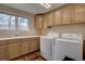 Functional laundry room with built-in cabinets, sink, and modern washer/dryer at 15857 E Aberdeen Ave, Centennial, CO 80016