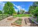 Well maintained backyard with a lush lawn, garden beds, a fence and a pergola covered deck at 2205 Santa Fe Dr, Longmont, CO 80504