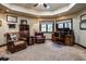 Comfortable office with leather chairs, wood desk, and natural light from two windows at 5170 Pinyon Jay Rd, Parker, CO 80134