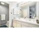 Bright bathroom features double sinks, a large mirror, and ample lighting at 2490 S Worchester Ct # E, Aurora, CO 80014