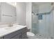 Updated bathroom with glass shower, sleek vanity, and contemporary fixtures at 6426 Zang Ct, Arvada, CO 80004