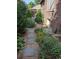 Landscaped backyard with stone path, lush greenery, and flowering plants next to brick home at 4253 Hooker St, Denver, CO 80211