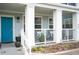 Inviting front porch featuring a bright blue door and cozy seating area at 7472 E 28Th Ave, Denver, CO 80238