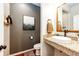 Stylish powder room with a modern vessel sink and granite countertop at 3966 Long Rifle Dr, Castle Rock, CO 80108