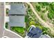 Overhead view of several homes, highlighting roof details, landscaping, and nearby green spaces at 1465 Gentle Rain Dr, Castle Rock, CO 80109