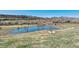 Serene view of a pond reflecting the surrounding landscape, enhancing the natural beauty of the community at 9508 Elk Mountain Cir, Littleton, CO 80125