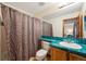 Bathroom featuring colorful shower curtain, unique turquoise tile countertop, and classic fixtures at 683 Ridgemont Cir, Highlands Ranch, CO 80126