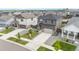 An aerial view of a suburban neighborhood featuring well-maintained homes, landscaping, and paved streets at 18014 Tree Sparrow Ave, Parker, CO 80134