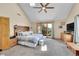 Primary bedroom suite with vaulted ceiling, ceiling fan, and access to private balcony with views at 14980 Elk Mountain Trl, Littleton, CO 80127