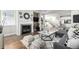 Cozy living room featuring a fireplace, modern decor, and an open floor plan at 2550 Xanthia Ct, Denver, CO 80238