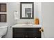 Bathroom features a vanity with a black cabinet, mirror, and decor at 1905 S Linden Ct, Denver, CO 80224