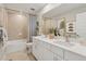 Bright bathroom features a double vanity, soaking tub and shower, and modern fixtures at 13334 Blue Amber Ct, Parker, CO 80134