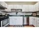 Functional kitchen features white cabinetry, stainless steel appliances and a checkerboard rug at 714 S Tabor St, Elizabeth, CO 80107