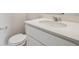 Bathroom featuring a white vanity, countertop, sink, faucet, toilet, and silver hardware at 10145 Quentin Ct, Commerce City, CO 80022