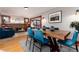 Elegant dining area with a rustic wood table, comfortable blue seating, and stylish decor at 3044 W 37Th Ave, Denver, CO 80211