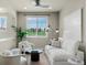 Stylish living room boasts neutral tones, a large window with golf course views, and comfortable seating at 10067 Bluffmont Ct, Lone Tree, CO 80124