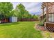 Large, grassy backyard with a shed and a well-maintained wooden fence. Lots of green trees at 9954 Heywood St, Highlands Ranch, CO 80130