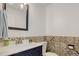 Powder room with decorative tile, modern vanity, and stylish mirror at 9954 Heywood St, Highlands Ranch, CO 80130