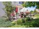An outdoor patio features decorative umbrellas and floral furniture, surrounded by lush greenery and plants at 17298 E Lake Pl, Aurora, CO 80016