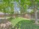 Large backyard with a wood fence, grassy lawn, and mature trees providing ample shade at 12653 Jersey E Cir, Thornton, CO 80602