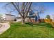 Well-kept front lawn featuring a mature tree and a charming blue home with an attached two-car garage at 4465 E 121St Pl, Thornton, CO 80241