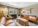 Cozy living room with leather couches, fireplace, and a large window providing natural light at 1927 Sunset Cir, Evergreen, CO 80439
