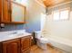 Bathroom featuring wood-look walls, vanity with cabinets, toilet, and a shower/tub combination at 750 Cougar Dr, Boulder, CO 80302