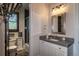 A rustic bathroom features a gray vanity, a framed mirror and unique decorations on the toilet at 5767 Pelican Shores Dr, Longmont, CO 80504
