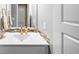 Modern bathroom vanity with a decorative mirror and tiled backsplash at 11052 Sedalia St, Commerce City, CO 80022
