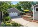 Spacious backyard with a detached garage, dining area, and manicured landscaping at 3943 Newton St, Denver, CO 80211