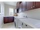 Convenient laundry room with front load washer and dryer, upper cabinets, and a window for natural light at 3891 W 149Th Ave, Broomfield, CO 80023
