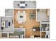 Detailed floor plan showcases the layout with a balcony, bedrooms, bathrooms, and kitchen at 1401 Delgany St # 211, Denver, CO 80202