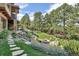 Stone path leads to a fire pit surrounded by trees, shrubs, and grassy areas creating an inviting outdoor retreat at 1105 Northwood Ln, Castle Rock, CO 80108