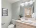 Cozy powder room featuring a decorative mirror and a charming sink with greenery at 3116 Black Canyon Way, Castle Rock, CO 80109