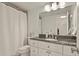 Neutral bathroom featuring white vanity, a black countertop and sink, along with shower and toilet at 800 N Washington St # 307, Denver, CO 80203