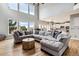 Open-concept living room with soaring ceilings, large windows, and hardwood floors flows into a bright, white kitchen at 1575 Ridgetrail Ct, Castle Rock, CO 80104