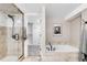 The bathroom features a glass-enclosed shower and soaking tub with stone tile and a peek at a walk-in closet at 315 S Franklin St, Denver, CO 80209