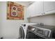 Well-equipped laundry room with modern washer and dryer, ample storage, and stylish decor at 21064 Woodside Ln, Parker, CO 80138