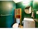 Green-themed bathroom with a cabinet, toilet, sink and round mirror at 332 Maple Dr, Frederick, CO 80530