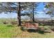 Peaceful backyard with a wooden bench nestled under trees, offering a serene spot to relax and enjoy nature at 5055 Mcclure Ln, Castle Rock, CO 80108