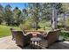 Cozy patio with comfortable seating, a fire pit, and lush greenery, perfect for enjoying outdoor moments with loved ones at 5055 Mcclure Ln, Castle Rock, CO 80108