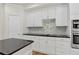Modern kitchen with white cabinets, backsplash and black countertops at 5926 S Elkhart Ct, Centennial, CO 80016