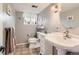 Neutral colored bathroom with storage vanity, decorative window, and mirror at 6238 S Cherry Cir, Centennial, CO 80121
