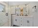 Stylish bathroom featuring double vanity, modern fixtures, and a glass-enclosed shower at 2430 Ames St, Edgewater, CO 80214