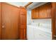 Bright laundry room with washer, dryer, and built-in cabinets at 810 Meadow Run, Golden, CO 80403