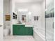 Stylish bathroom with a green vanity, soaking tub, and tiled shower at 2958 Syracuse St # 403, Denver, CO 80238
