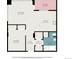 Floor plan illustrating layout of condo including living room, kitchen, balcony, bedroom, and bathroom at 2958 Syracuse St # 403, Denver, CO 80238
