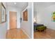 Bright hallway leading to a bedroom with hardwood floors and modern decor at 2958 Syracuse St # 403, Denver, CO 80238