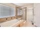 Bright bathroom offers a soaking tub with glass shower, tile surround, and walk-in closet at 20942 E Hampden Pl, Aurora, CO 80013